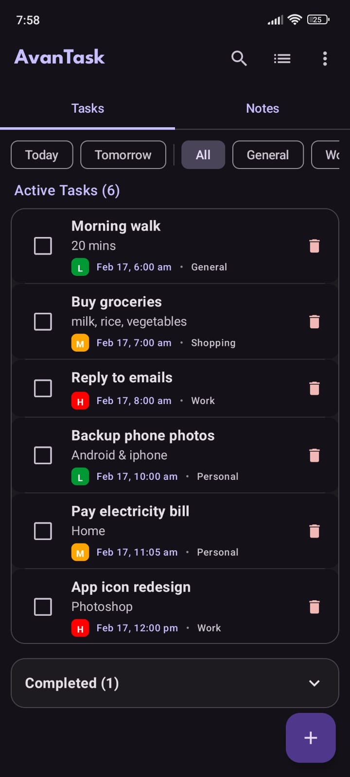 AvanTask app screenshot – dark theme