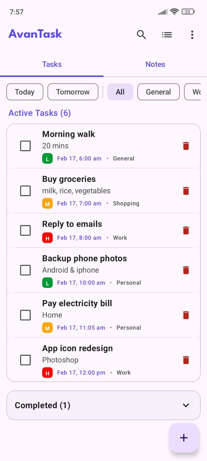AvanTask app screenshot – light theme
