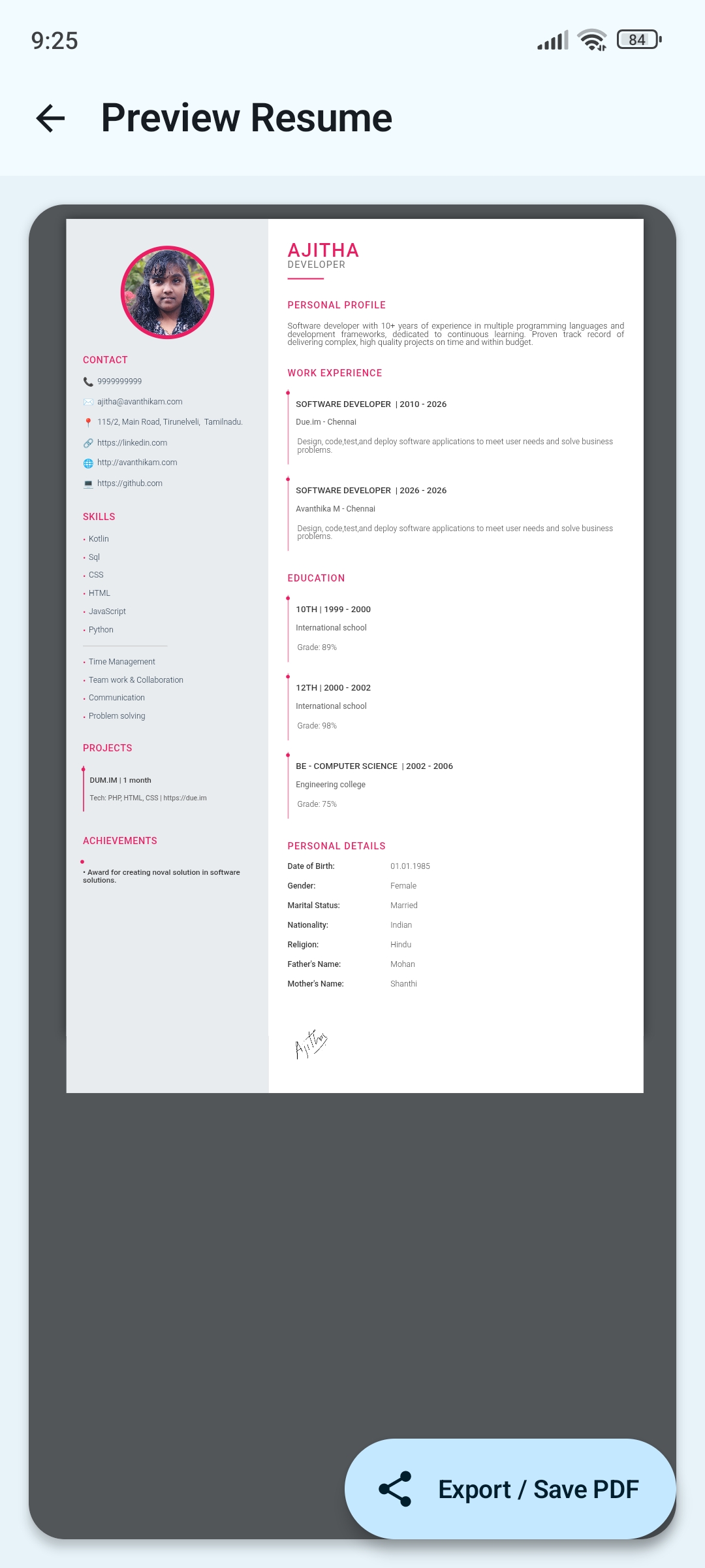 Avan Resume app screenshot – light theme